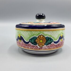 Hernandez Sugar Bowl Lidded Jar Puebla Mexico Hand Painted Floral Pottery Multi